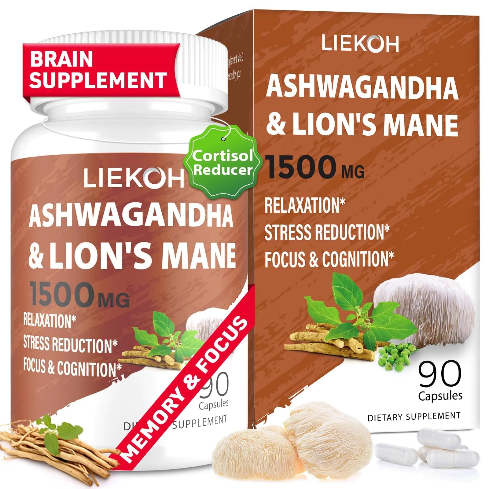 Ashwagandha & Lions Mane Supplement Capsules Brain Supplements for Memory and Focus Stress & Cortisol Reducer Ashwagandha Supplements with Rhodiola & Black Peppe Mushroom Supplement 90 Caps - PrimeNest